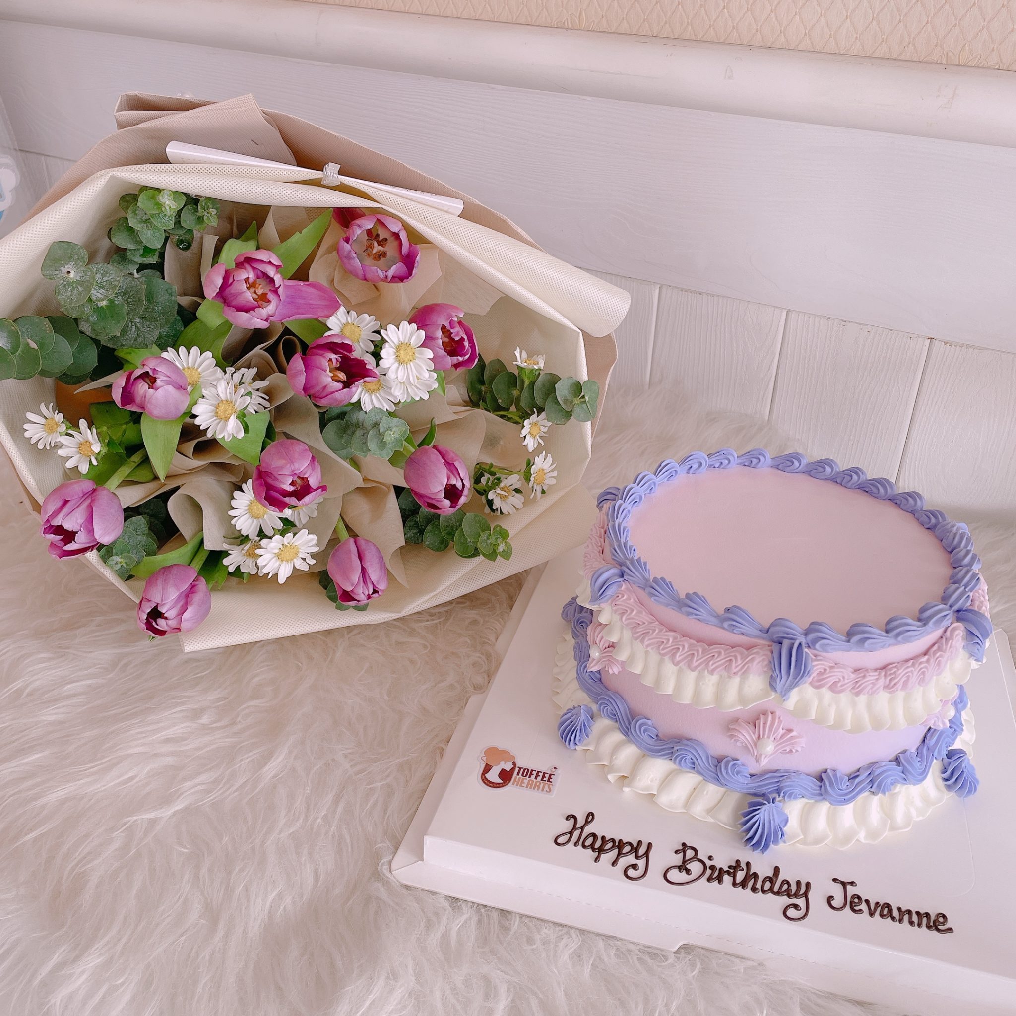 Vintage Cake with Flowers Bouquet Toffee Hearts Confectionery